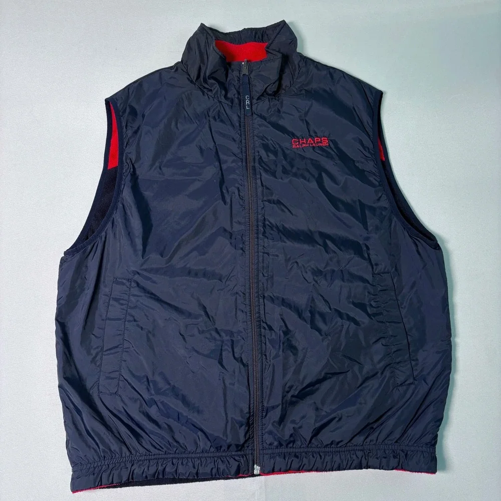 Chaps Ralph Lauren Reversible Vest Mens Red Fleece Navy Blue Nylon Full Zip L